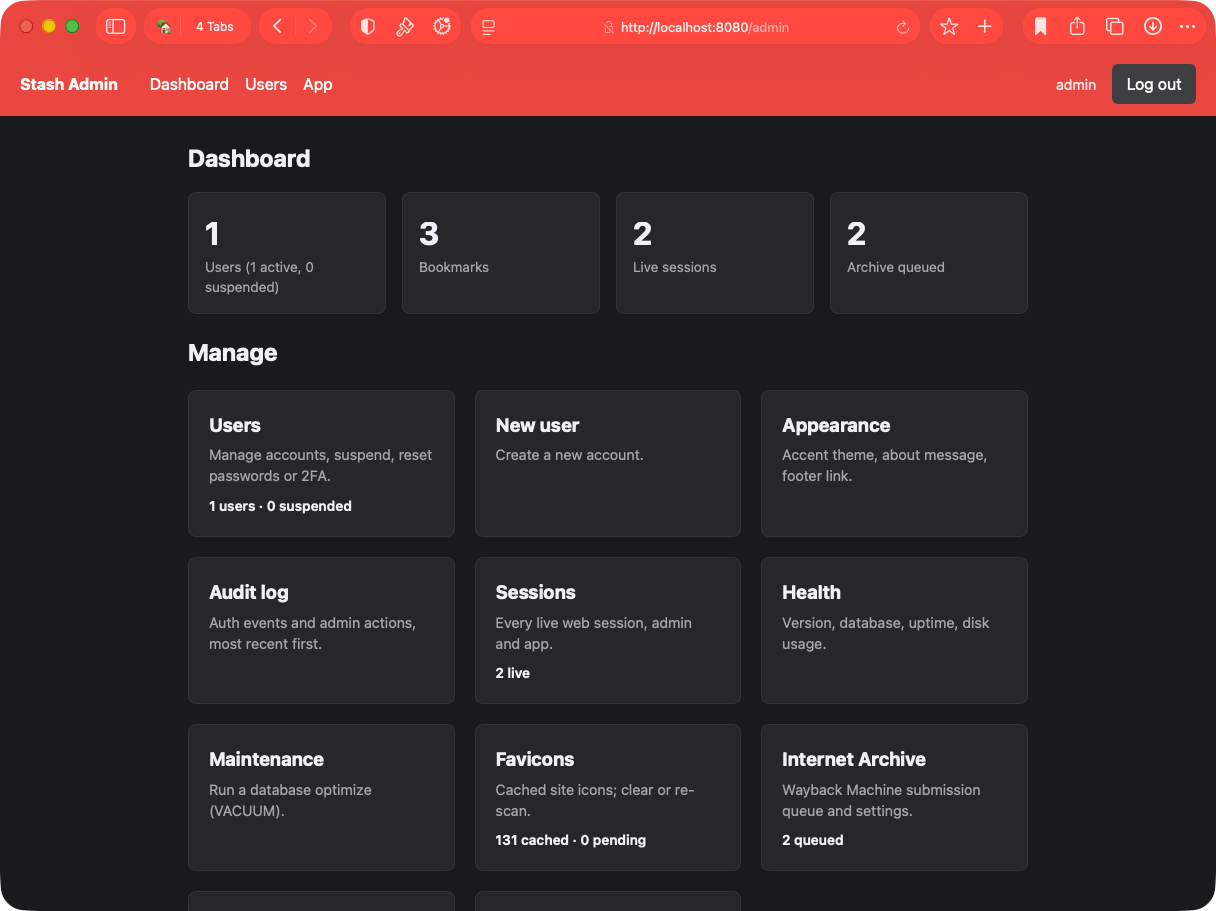The Stash admin dashboard for instance management