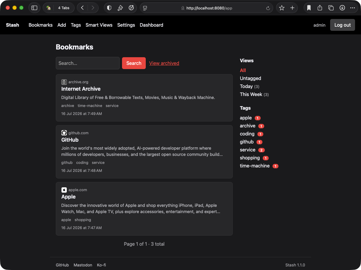 The Stash bookmark list with tag sidebar